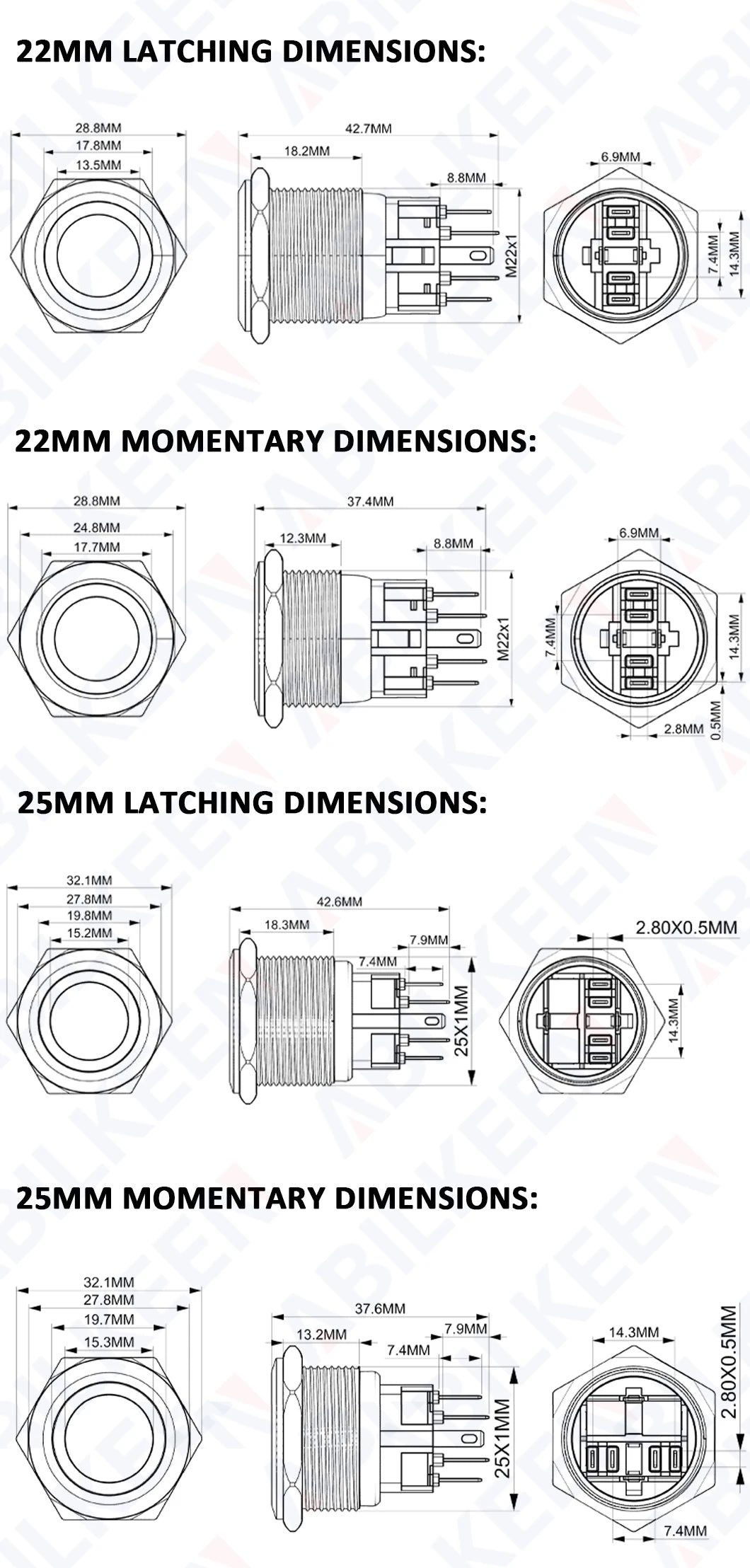 ABILKEEN 22/25MM 1NO1NC/2NO2NC Metal Push Button Switch IP65 Waterproof Momentary/Latching Push Button with LED Ring Light