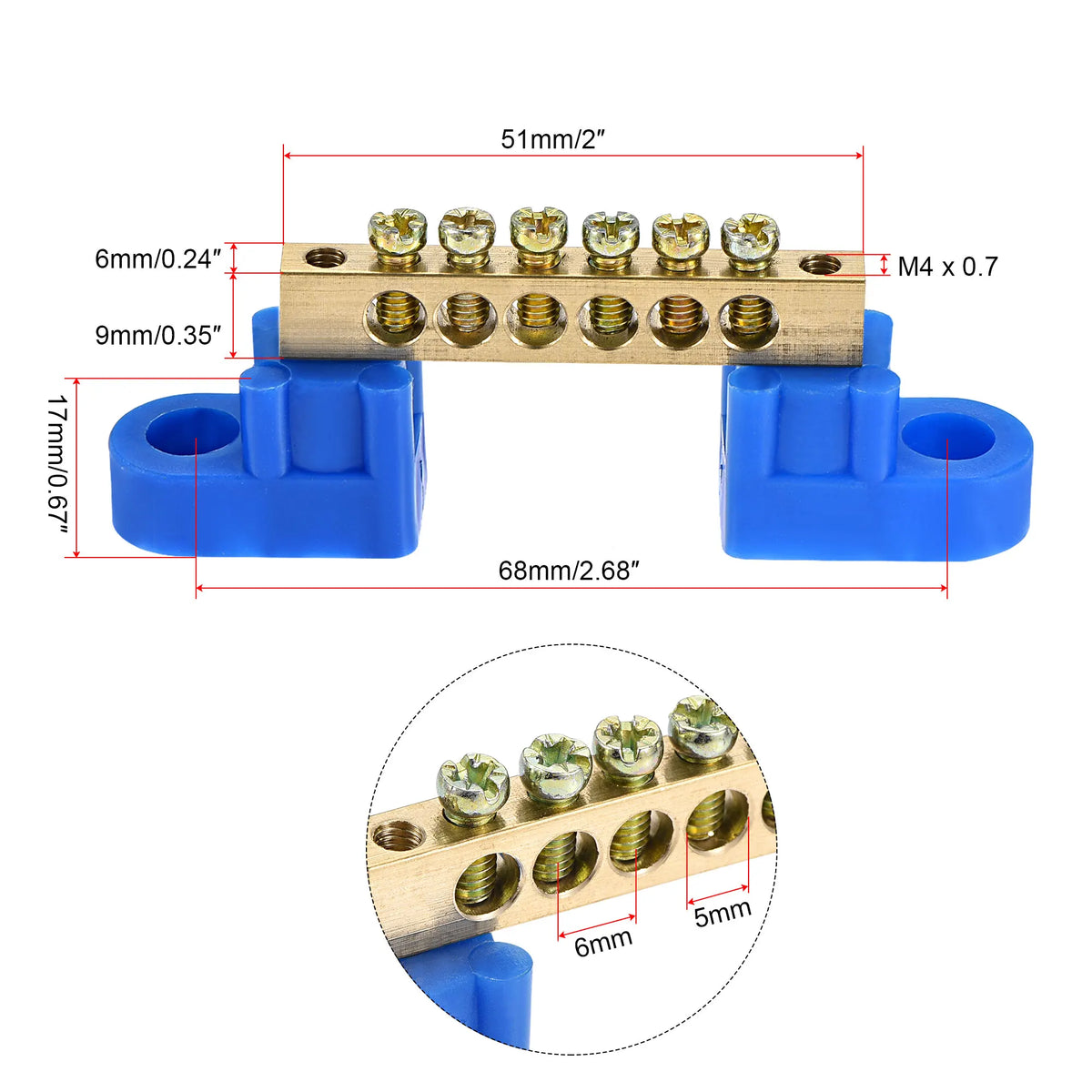 1/2/4Pc Blue Terminal Ground Bar Screw Block Barrier Brass Strip 4/6/8/10/12Positions for Electrical Distribution Box Connection