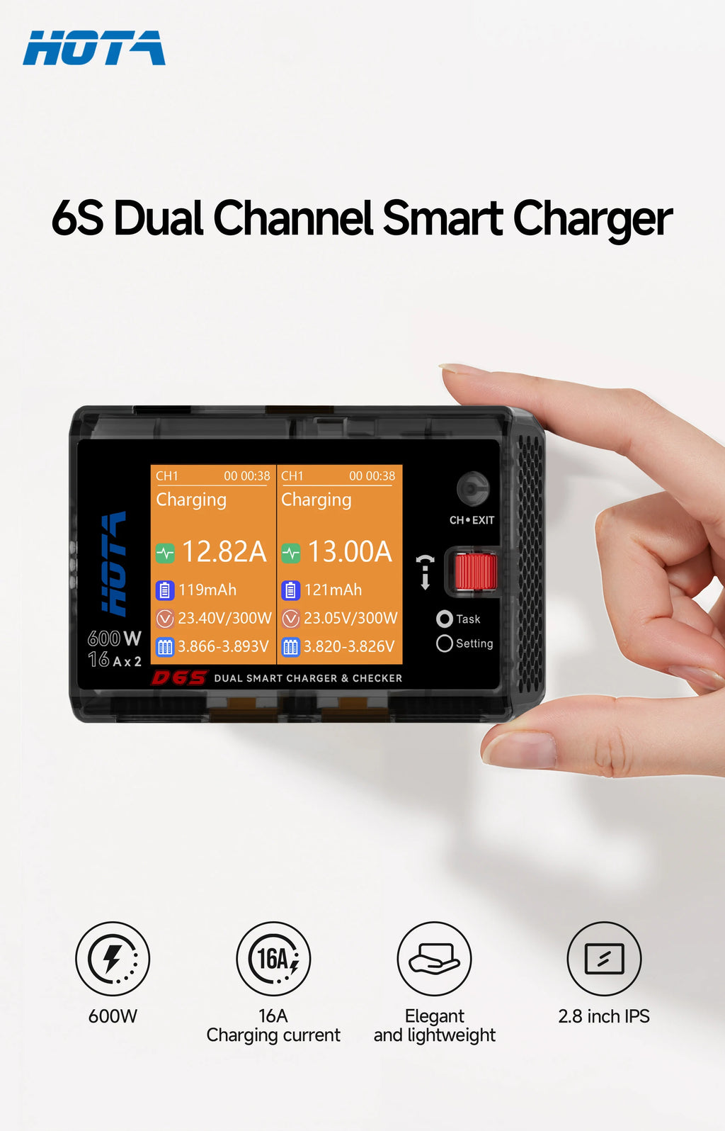 HOTA D6S RC Lipo Battery Charger Magnetic Suction Dual Channel Smart Balance 600W High Power 1-6S Smart Balance Charger