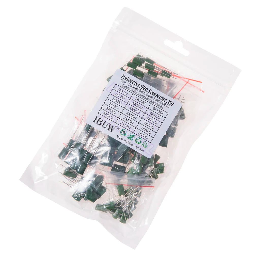 180PCS=18value*10PCS Polyester film capacitor Assorted Kit contains 2A104J 2A332J 2A472J 2A103J 2A333J 2A473J 2A563J 2A223J