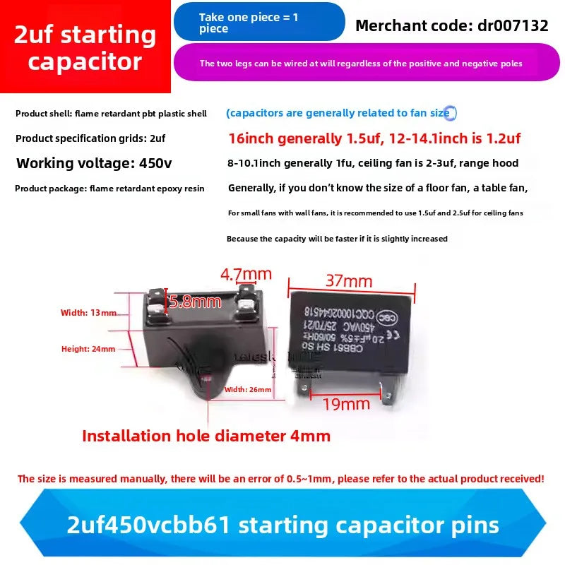 CBB61 Fan Air Conditioner Starting Capacitor 450V 1/1.2/1.5/2/2.5/3/3.5/4/4.5/5/6/7/8/10/12UF Ceiling Fan Hood Motor Capacitor