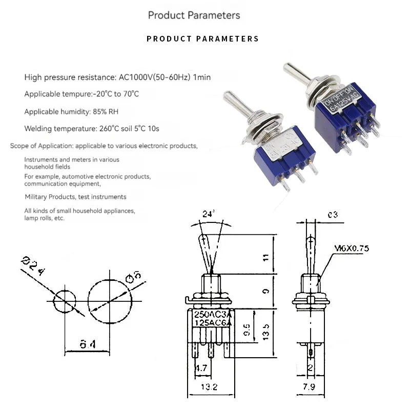 5Pcs ON-OFF-ON  ON-ON3 PIN/6PIN 2/3 Position Mini Latching Toggle Switch AC 125V/6A 250V/3A MTS-102 MTS-103 MTS-202 MTS-203