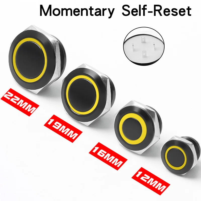12/16/19/22mm Short Stroke Oxide Blcak Shell Metal Button Switch Waterproof Flat Head With Power LED Light Momentary 1NO 6V 24V