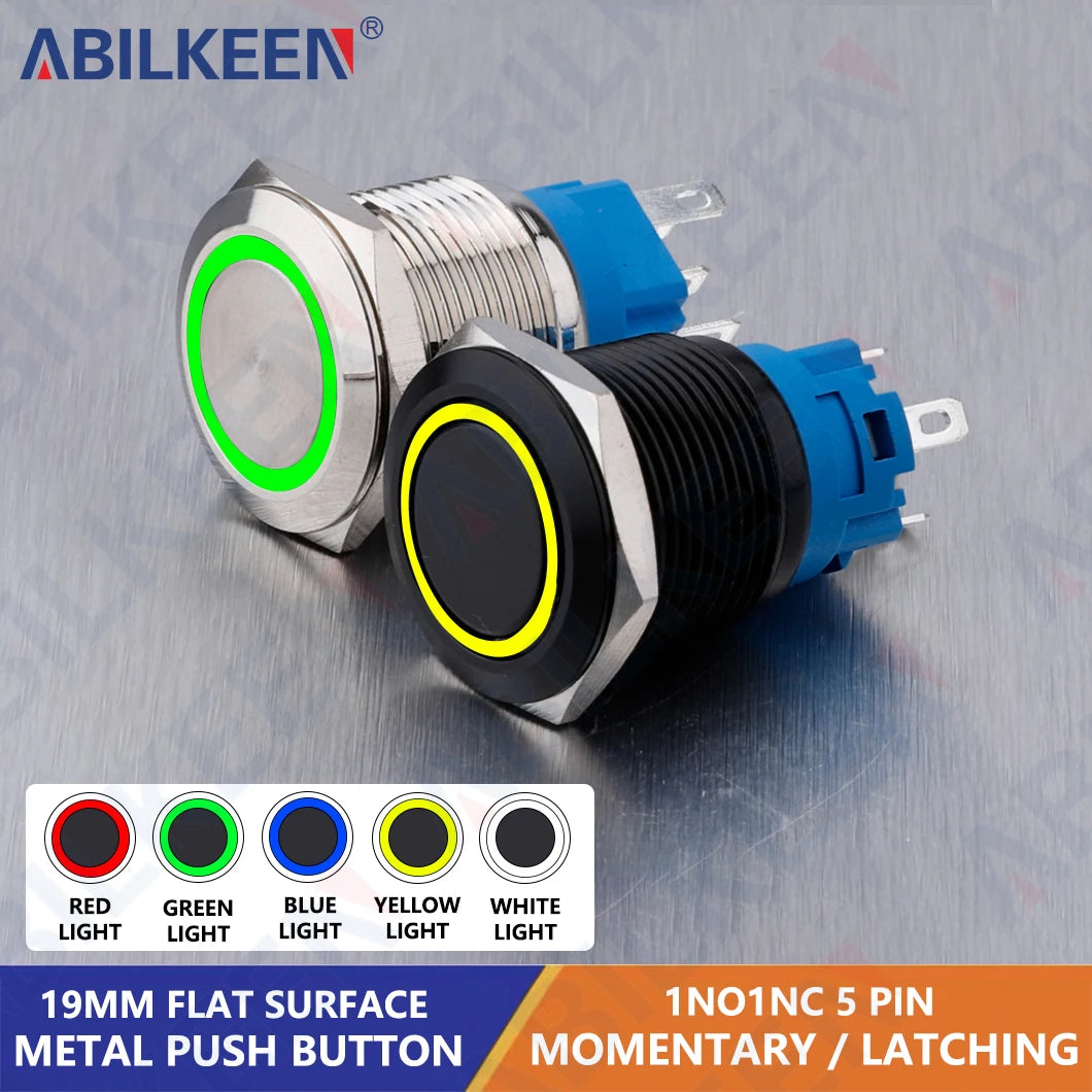 ABILKEEN 19mm Black Shell Push Button Switch LED Ring Illuminate Momentary/Latching Function 1NO1NC IP65 Waterproof Push Button