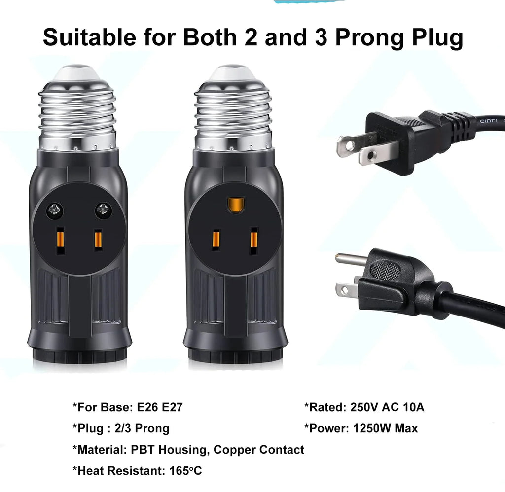 E26 E27 LED Bulb Base to US 2/3Prong Splitter Convert Polary Light Socket Switch AC Plug Garage Porch CCTV Camera Outlet Adapter