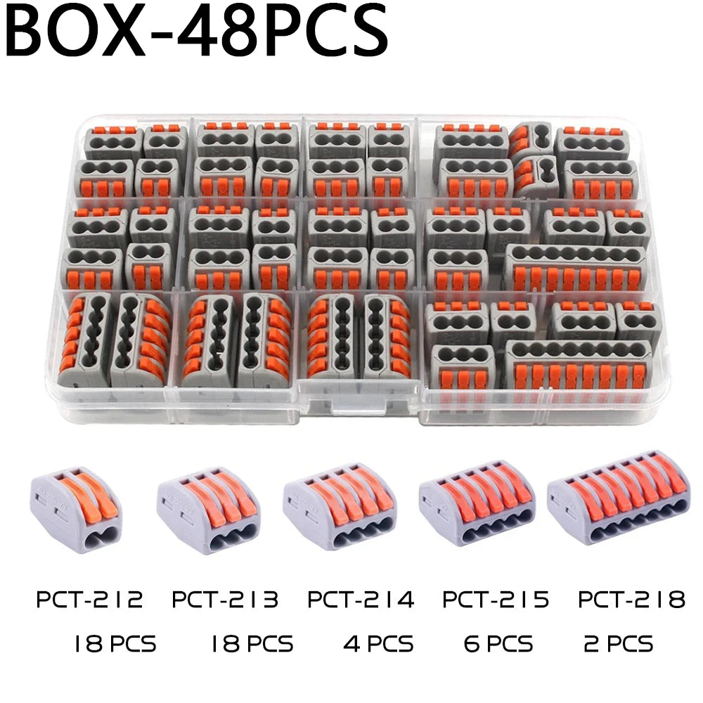 Electrical Wire Connector Set 48/62PCS 2/3/4/5/8 Port Lever Quick Splice Wire Connectors 32A 250V AWG28-12 0.08-4mm2 Storage Box