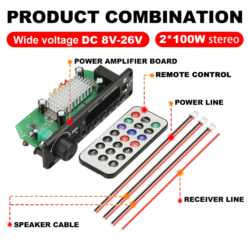 Handsfree 200W Amplifier Bluetooth DIY MP3 Decoder board 12V Wireless Car MP3 Player Record USB TF AUX FM Radio Folder Switching