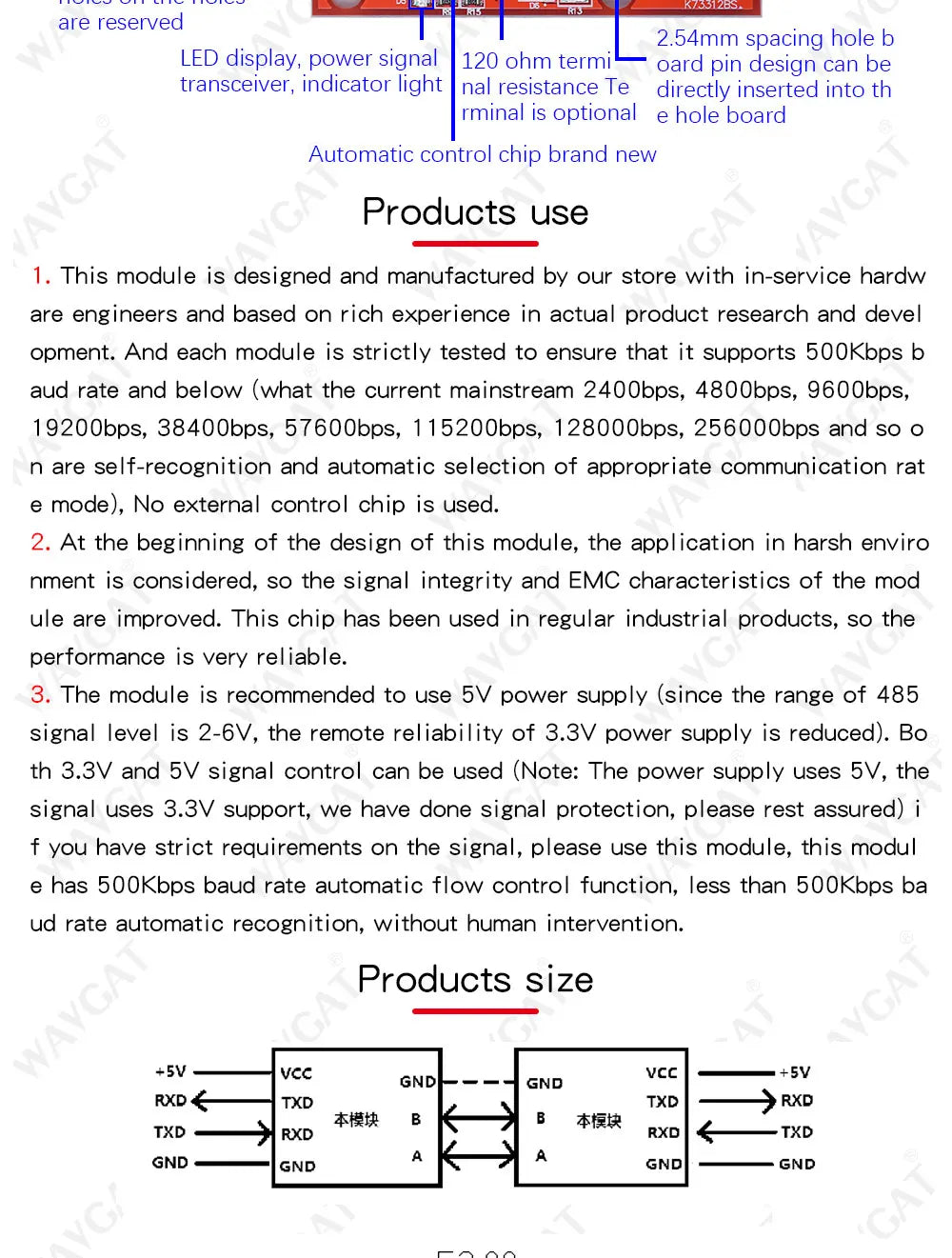 MAX3485 TTL to RS485 Converter Module, UART Serial Port Level Transceiver with Overvoltage Protection