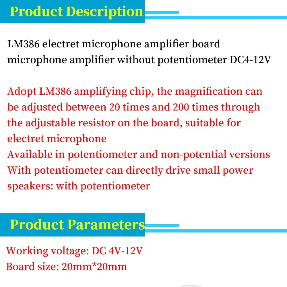 LM386 electret microphone amplifier board / microphone amplifier / without potentiometer DC4-12V