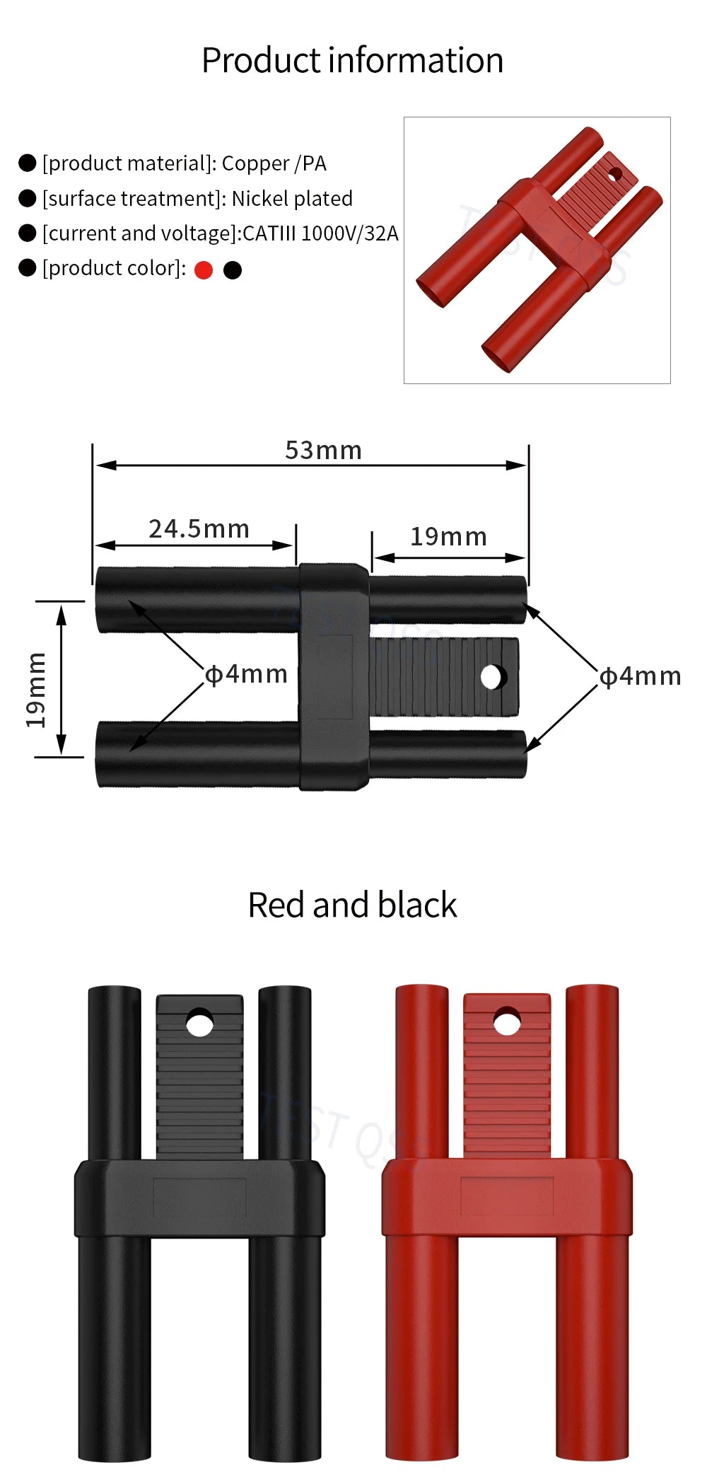 QSS 4mm Fully Enclosed Stackable Banana Plug Short-Circuit 19mm Spacing Electronic Component for Electronics