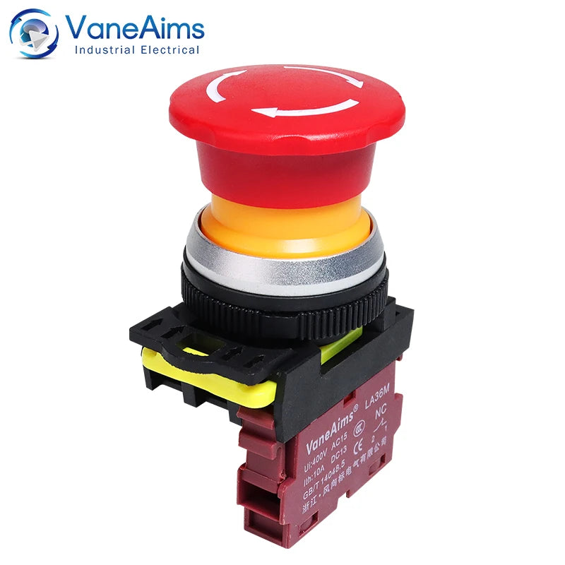 30mm LA36M Emergency Stop Push Button Switch Latching Self locked Plastic Mushroom E-stop Switch with Red LED Light 220v 12v 24v