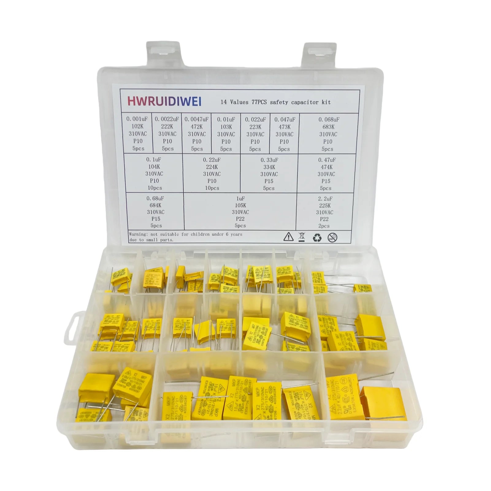 77PCS Safety Capacitor Kit 0.001uf-2.2uf 275VAC/310VAC P10-P22
