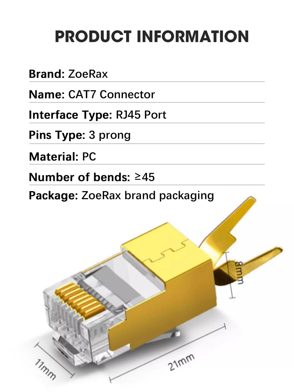 ZoeRax CAT8 CAT7 CAT6A Connector, Non-Pass Through RJ45 Connectors, 3-Prong 50μ Gold Plated with Strain Relief Boots