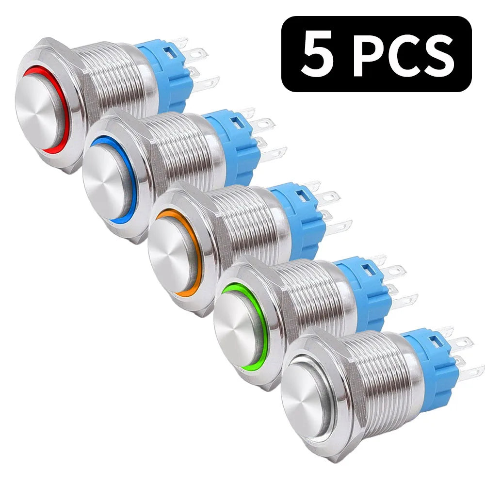 5 PCS 16mm 19mm 22mm Metal Push Button Switch 12v Ring Power Buttons Waterproof LED Light Self-lock Self-reset 220V High Head
