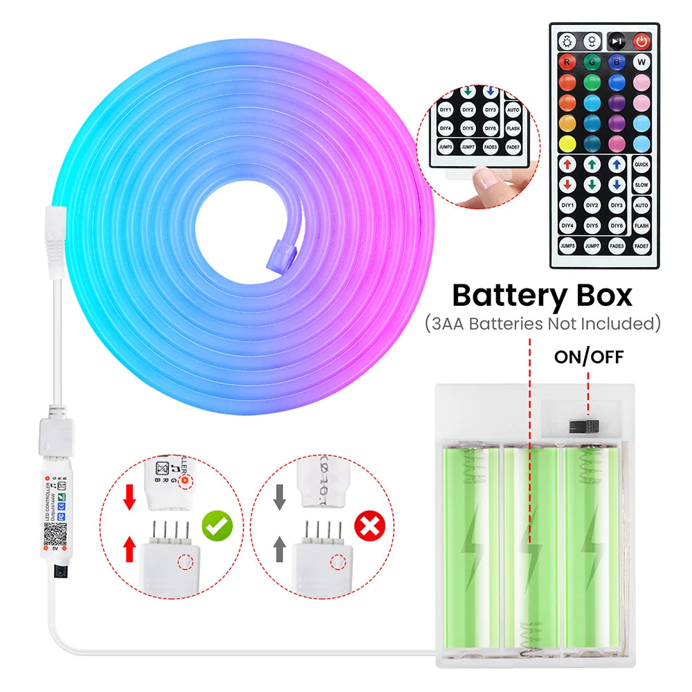 5V Bluetooth RGB LED Neon Strip Light 1M 2M 3M 3AA Battery Box 17Key 24key 44key Remote Control 108Leds/M Waterproof Room Decor