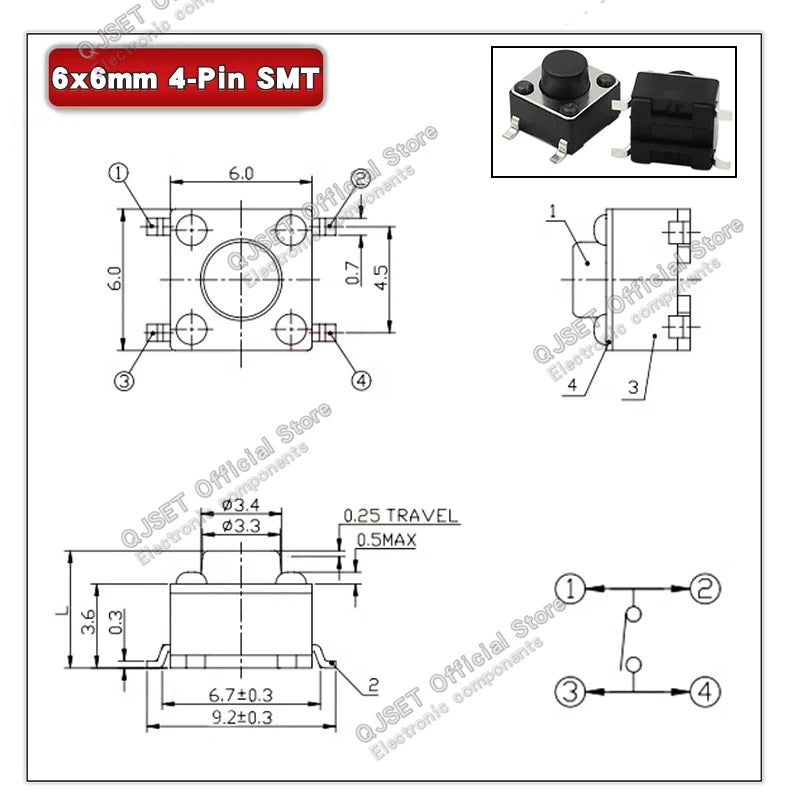 20pcs SMD Tactile Switch 6*6*4.3mm 6x6x5/6/7/8/9/10/11/12/13/14mm 6X6 4-Pin SMT Induction Oven Touch Tactile Button Micro Switch
