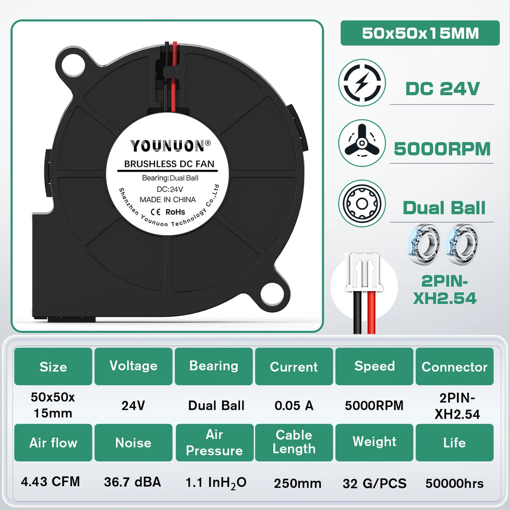 5015 5cm DC 5V 12V 24V 2Pin Dual Ball/Hydraulic Bearing Brushless Cooling Turbine Blower Fan 50mm x 15mm Blower Cooler Fan