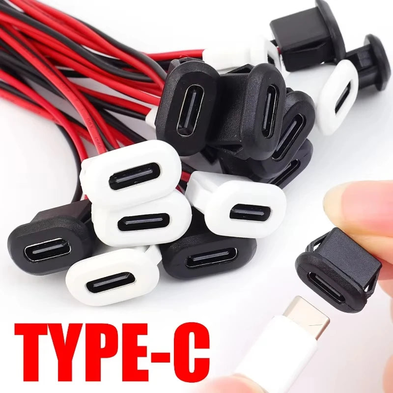 Waterproof USB Type C Female Socket, 2-Pin 3A Fast Charging Port, Direct Crimp Mount for Cable Repair & DIY Extension
