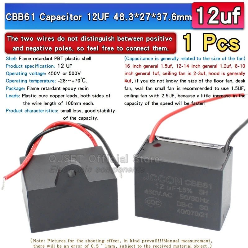 1pcs CBB61 Fan Starting Capacitor 450V 0.8/1/1.2/1.5/2/2.5/3/3.5/4/4.5/5/6/7/8/10/12/15/18/20UF Ceiling Fan Hood Motor Capacitor