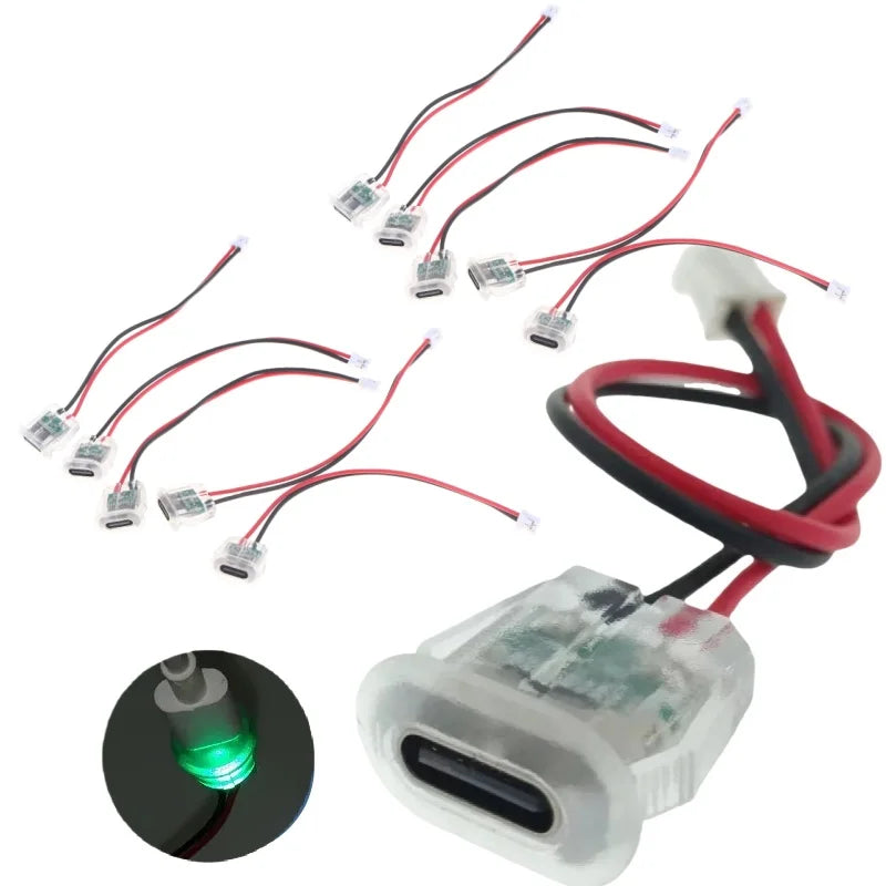 5/10Pcs Transparent 2Pin Waterproof USB-C Female Charging Socket With LED Light Type-C Power Input Connector