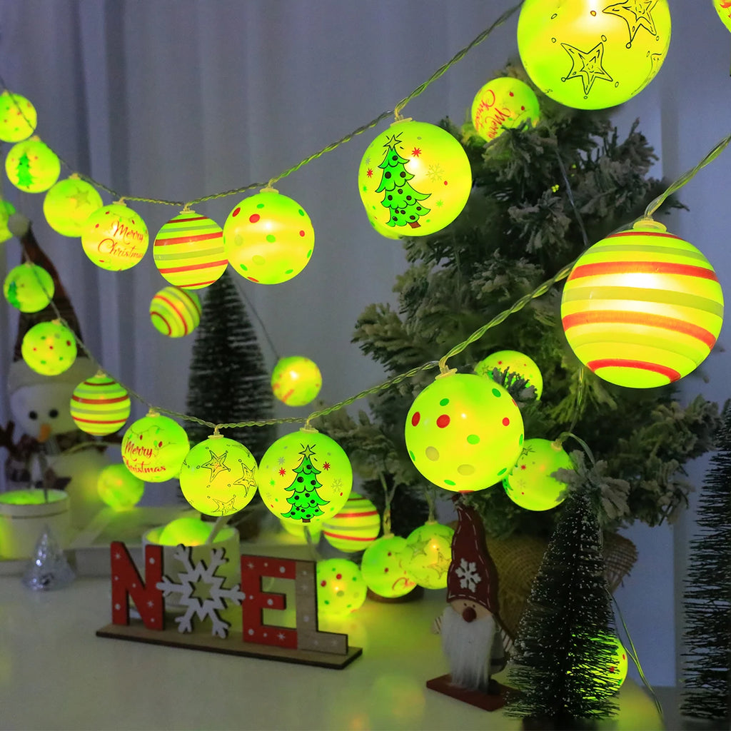 Luminous Xmas Bauble Fairy String Lights, Multipattern Printed Christmas Ball LED Garland, Whimsical Neon Tone Festive Lighting