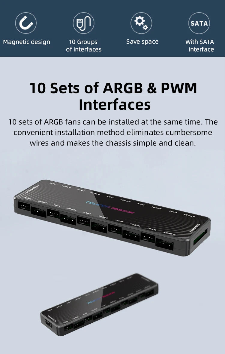 TEUCER LP-10P 12V 4Pin PWM & 5V 3Pin ARGB with SATA 10 Way Sync Fan Hub PC Cooling Fan Addressable RGB Lighting Splitter