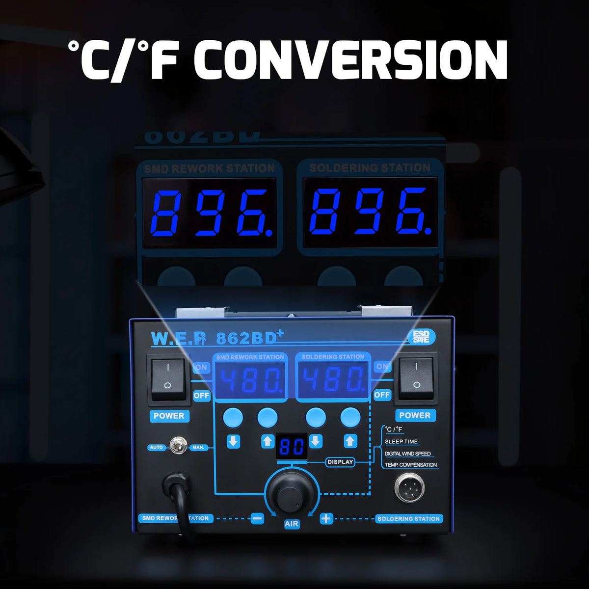 WEP 862BD+ Visible Adjustable Temperture Air Volume BGA Rework Station Hot Air Soldering Station SMD Rework Station With ESD