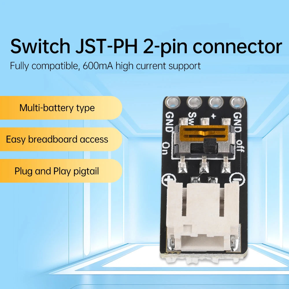 Switched JST-PH 2pin Connector SMT Right Angle Breakout Board Power Module + Pin row Adapt to 1-core Lithium Battery/AAA Battery