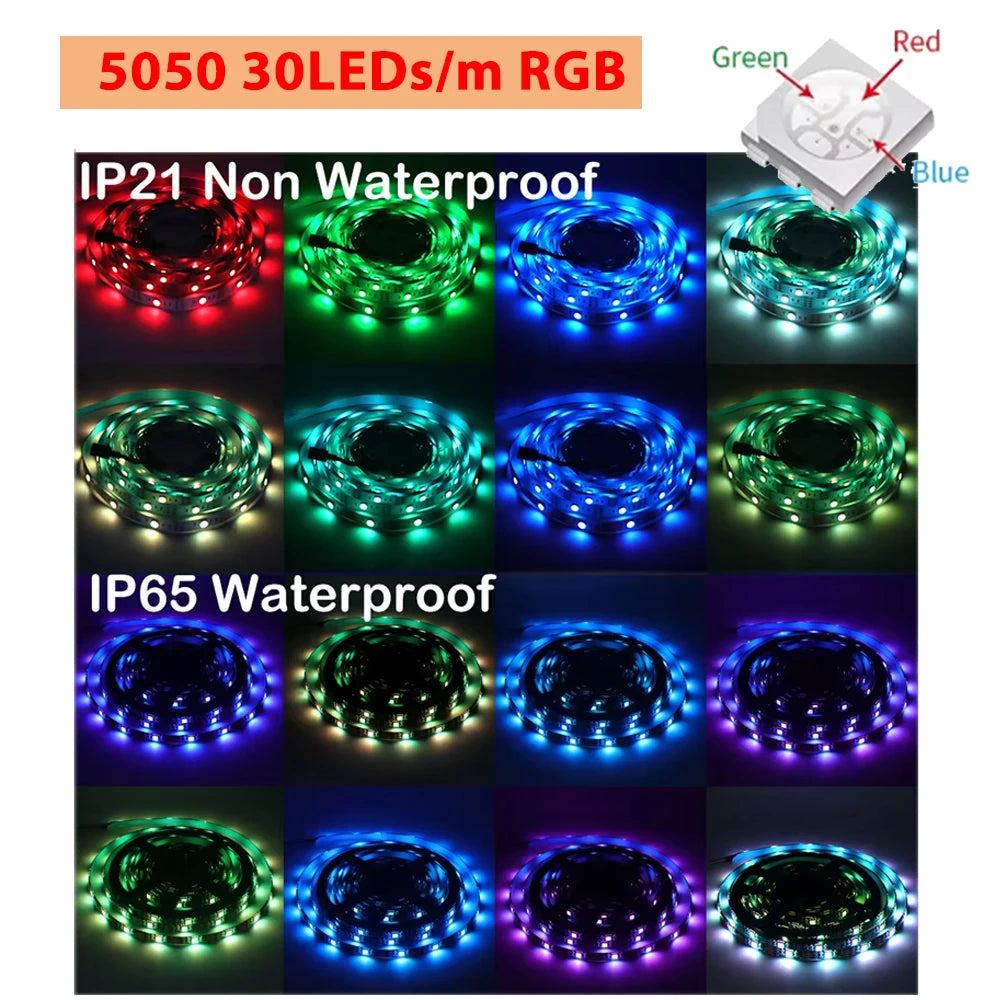 DC 5V RGB LED Strip 5050 30LEDs/m Battery Powered IP21/IP65 IR RF Remote Control Flexible Tape for TV Backlight Room Decor