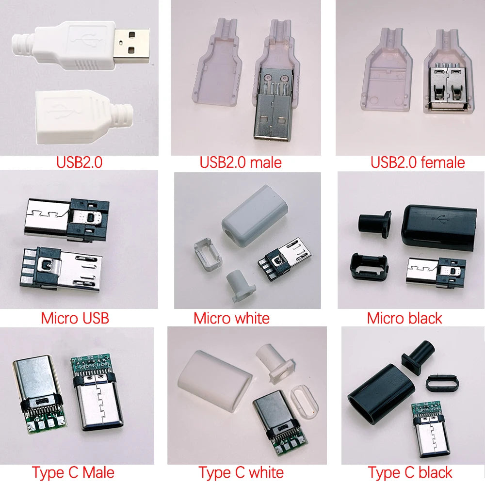 5Pcs USB Connectors Type C / Micro / USB 2.0 Type A Male Female Assembly Adapter DIY Soldering Repair Data Charging Plug Socket
