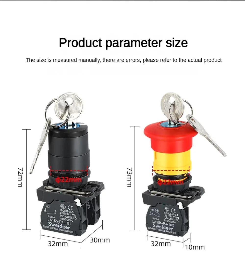XB4 22mm Key Select Knob Switch 2/3 Position Self Locking Momentary Self Reset Key Emergency Stop Power Push Button Switch 10A