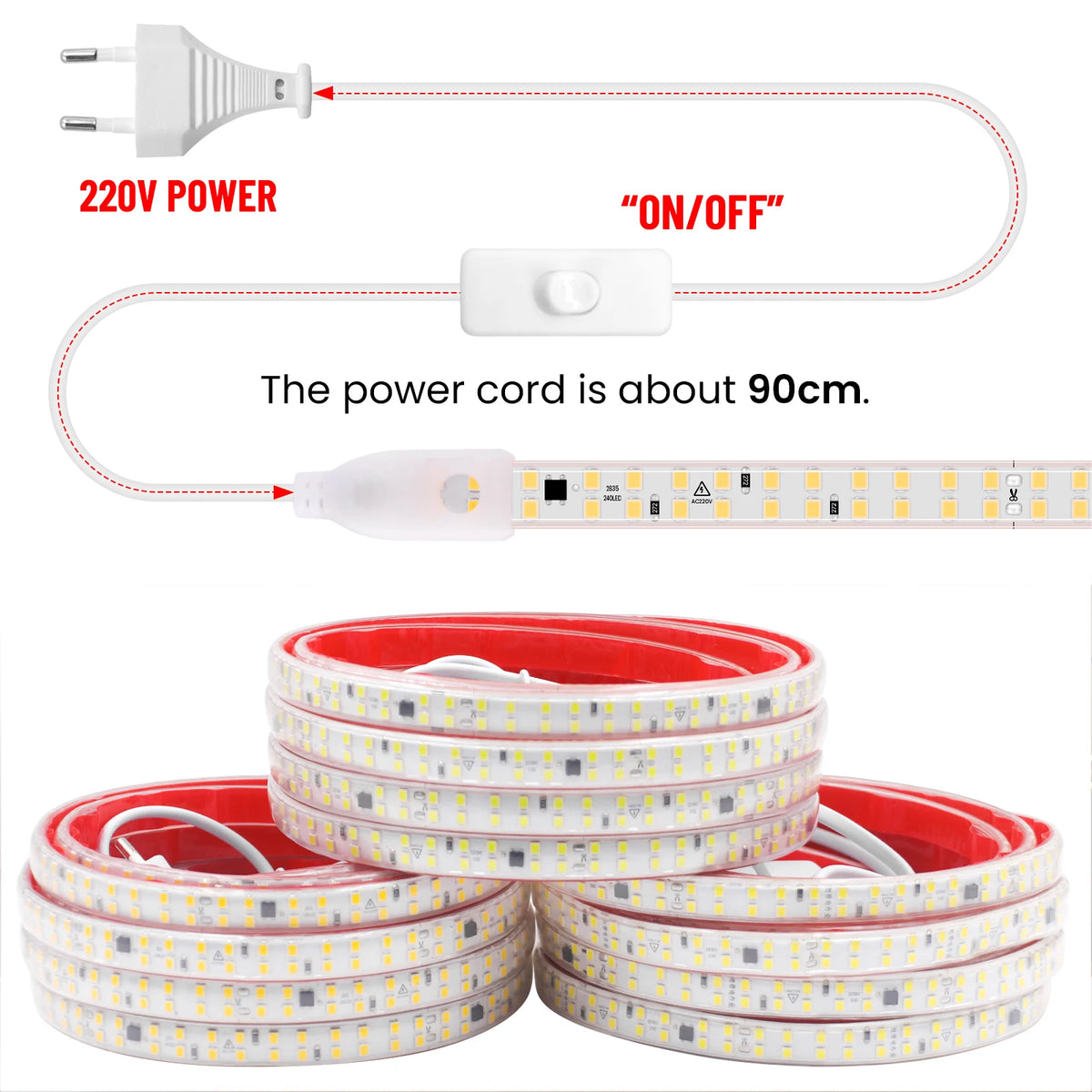 AC 220V LED Strip Waterproof 240Leds/M 3000K 4000K 6000K Home Decor Self Adhesive Tape Chain Light Flexible Ribbon Strip