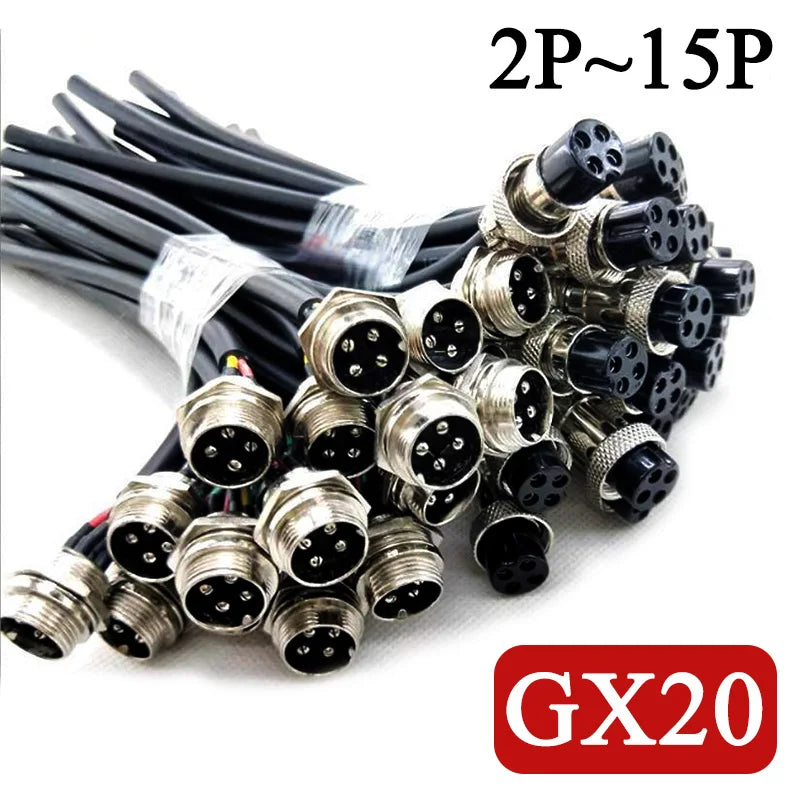 2Pin GX20 Male and Female Aviation Plug Socket 3 4 5 6 7 8 9 10 12 14 15Pin with Wire Connector Cable 250V Connection Line 7-20A