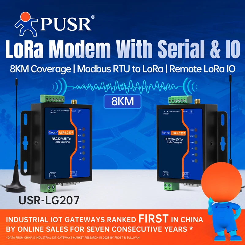PUSR RS485/232 to LoRa Converter Point to Modbus TCP/RTU Gateway 8KM Data Transfer SX1262 DI+DO IO LoRa Wireless Modem USR-LG207