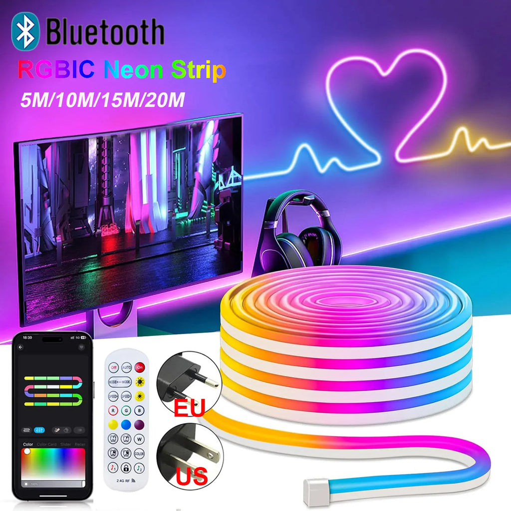 Dc24V Rgbic Neon Led Strip 5M 10M 15M 20M Rgb Ic Neon Rope Light With Bluetooth App And Remote Control For Diy Neon Gaming Tape