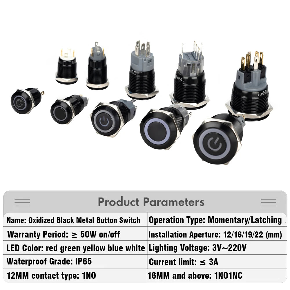 12/16/19/22mm Waterproof Metal Push Oxidized Black Button Switch LED Light Momentary Latching Car Engine Power Switch 5V 12V 24V