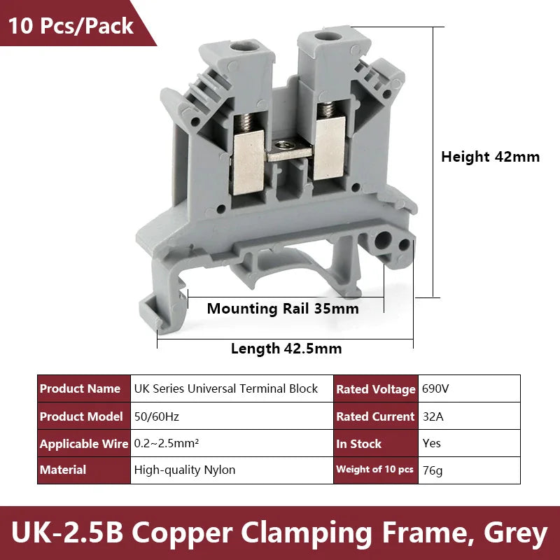 UK 2.5 Terminal Block UK2.5B Screw Connection Connect Strip 2.5B/3N/5N/6N/10N  2.5mm² Cable Electrical Din Rail Wire Connector
