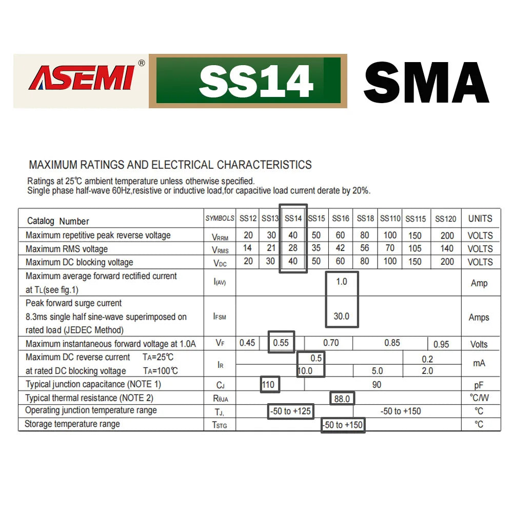 100PCS SS14 1A 40V Schottky Diode SMA ASEMI