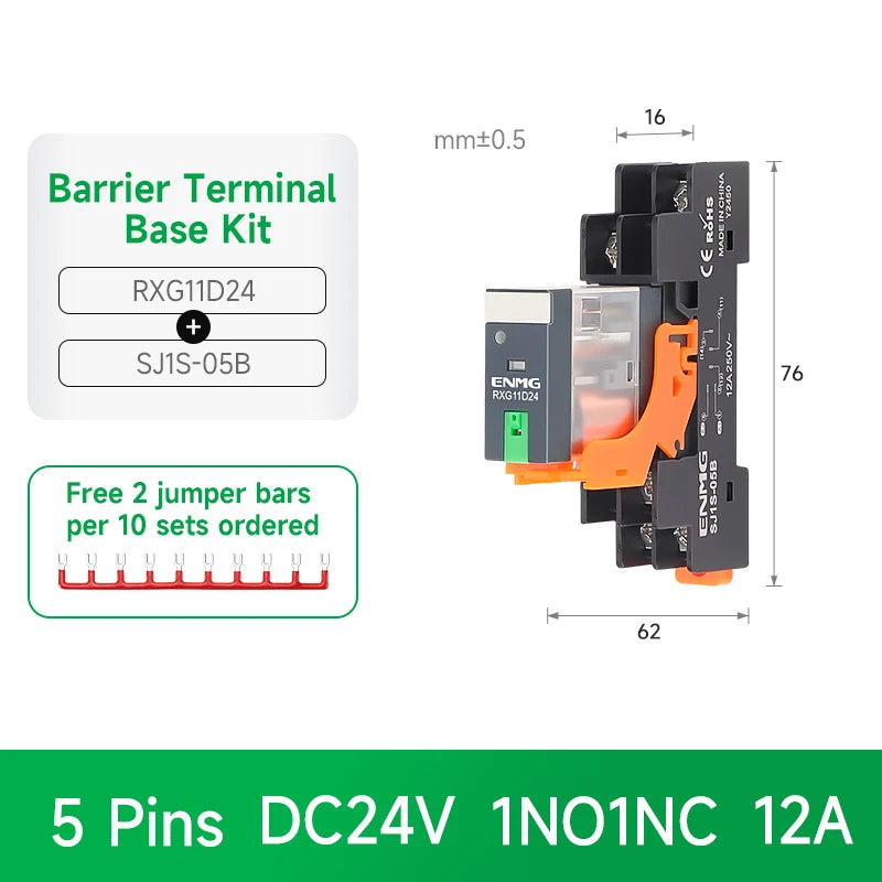 ENMG RXG Slim Power Relay 12A 24VDC/220VAC Coil, DIN Rail Mount Industrial Relay for PLC Control System