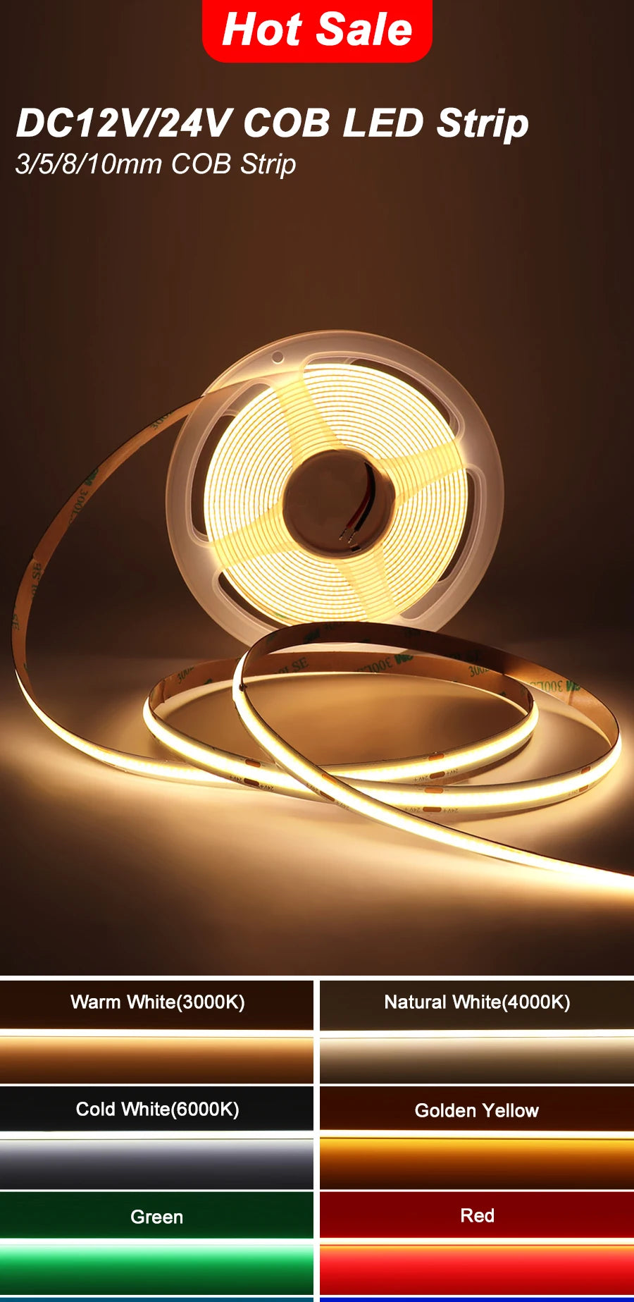 3mm 5mm COB LED Strip 12V 24V Dimmable 3000K 4000K 6000K High Density Flexible LED Light For Home Decor RA90 LED Strip Lights