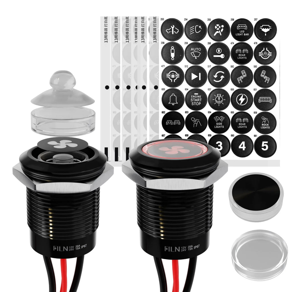2pcs 19mm Blue LED Latching Push Button Switch, 12V-24V Wide Voltage 20A IP67 Waterproof Marine Switch with 180 Symbols for Car