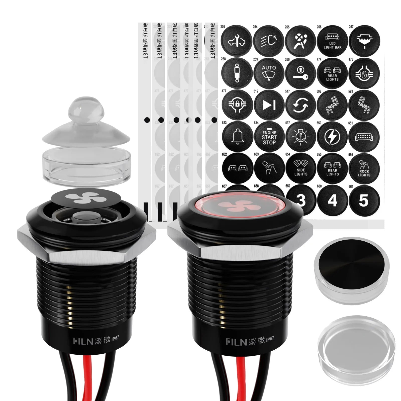 2pcs 19mm Blue LED Latching Push Button Switch, 12V-24V Wide Voltage 20A IP67 Waterproof Marine Switch with 180 Symbols for Car