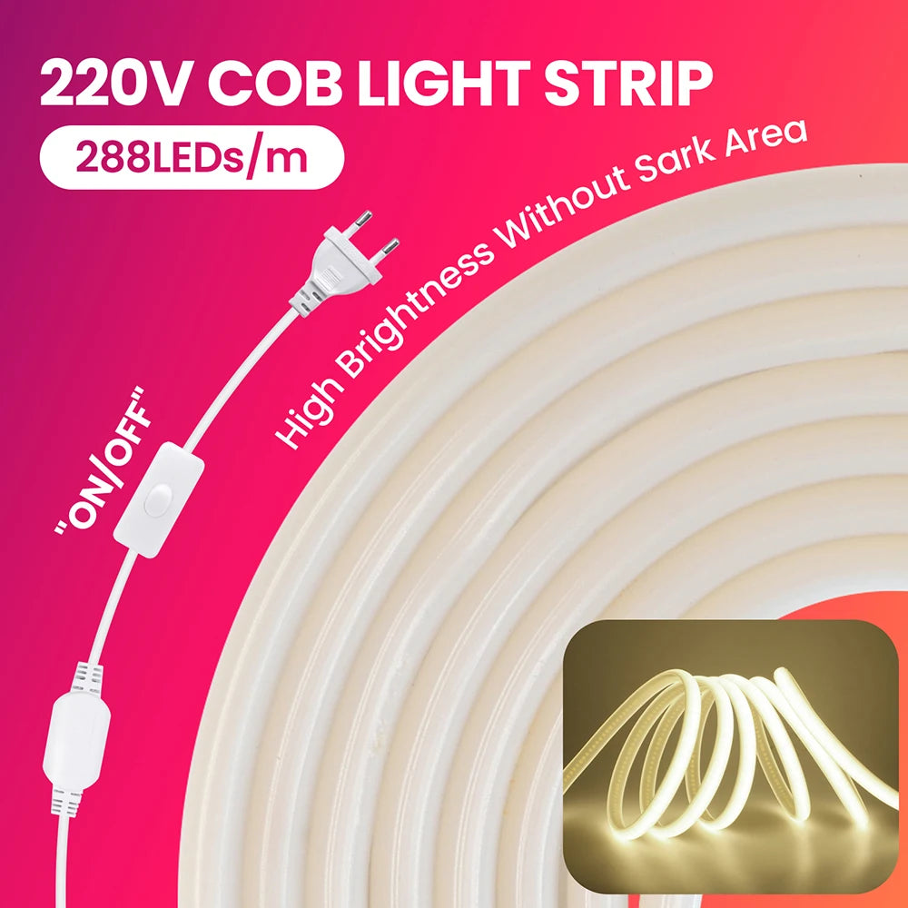Dimmable 220V COB LED Neon Strip Light Switch Dimmer Power Kit 5m 10m 30m 3000K 4000K 6000K 288 LEDs Flex Tape 0.5m Waterproof