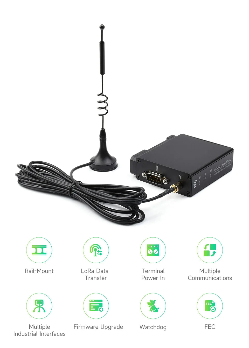 Waveshare Rail-mount SX1262 LoRa Data Transfer unit, RS232/RS485/RS422 To LoRa, Suitable For Sub-GHz Band Data Acquisition
