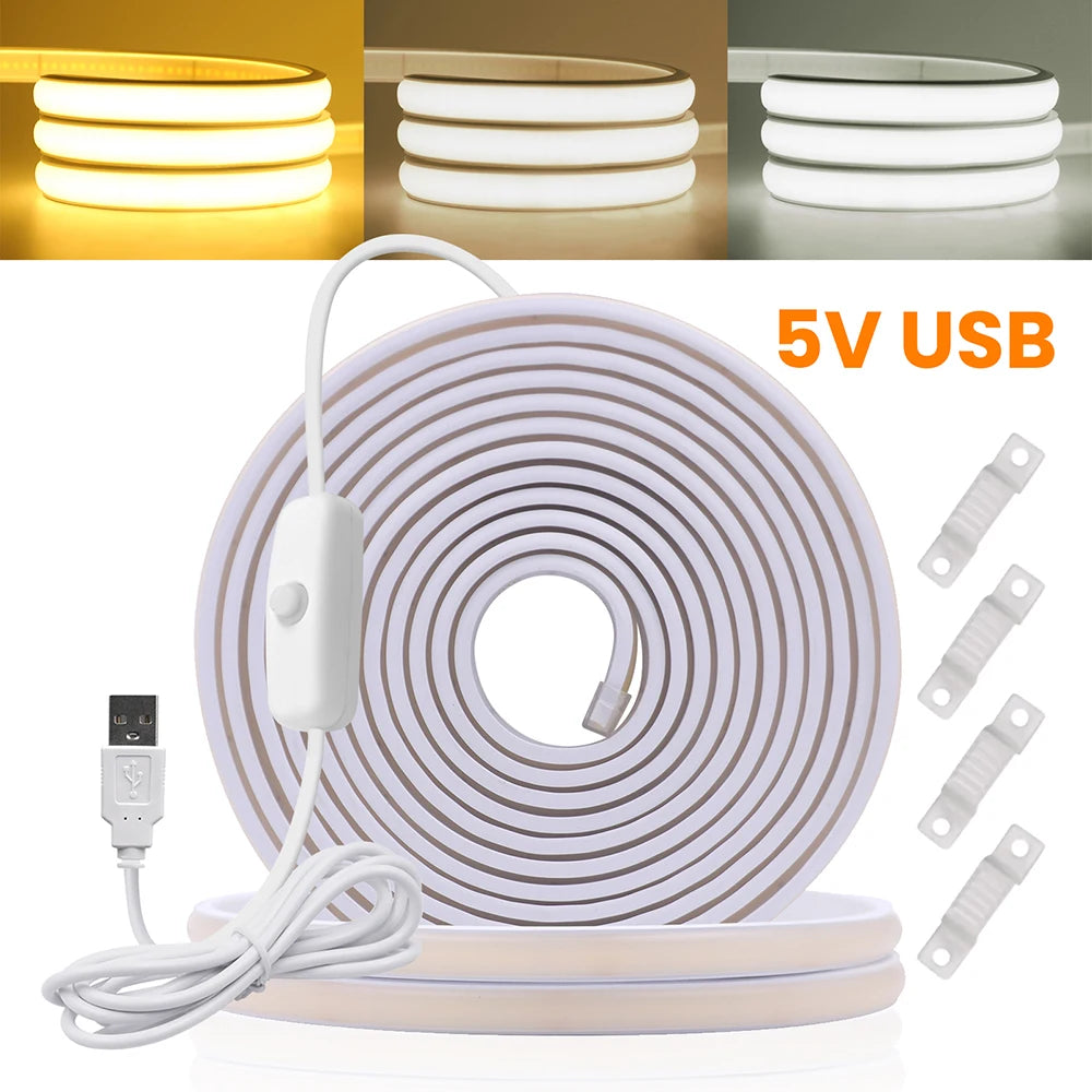 IP68 Waterproof Flexible Neon Rope Light USB COB LED Strip 5V ON OFF Switch 320 LEDs/m Natural Warm White 0.5m 1m 2m 3m 4mm 5m