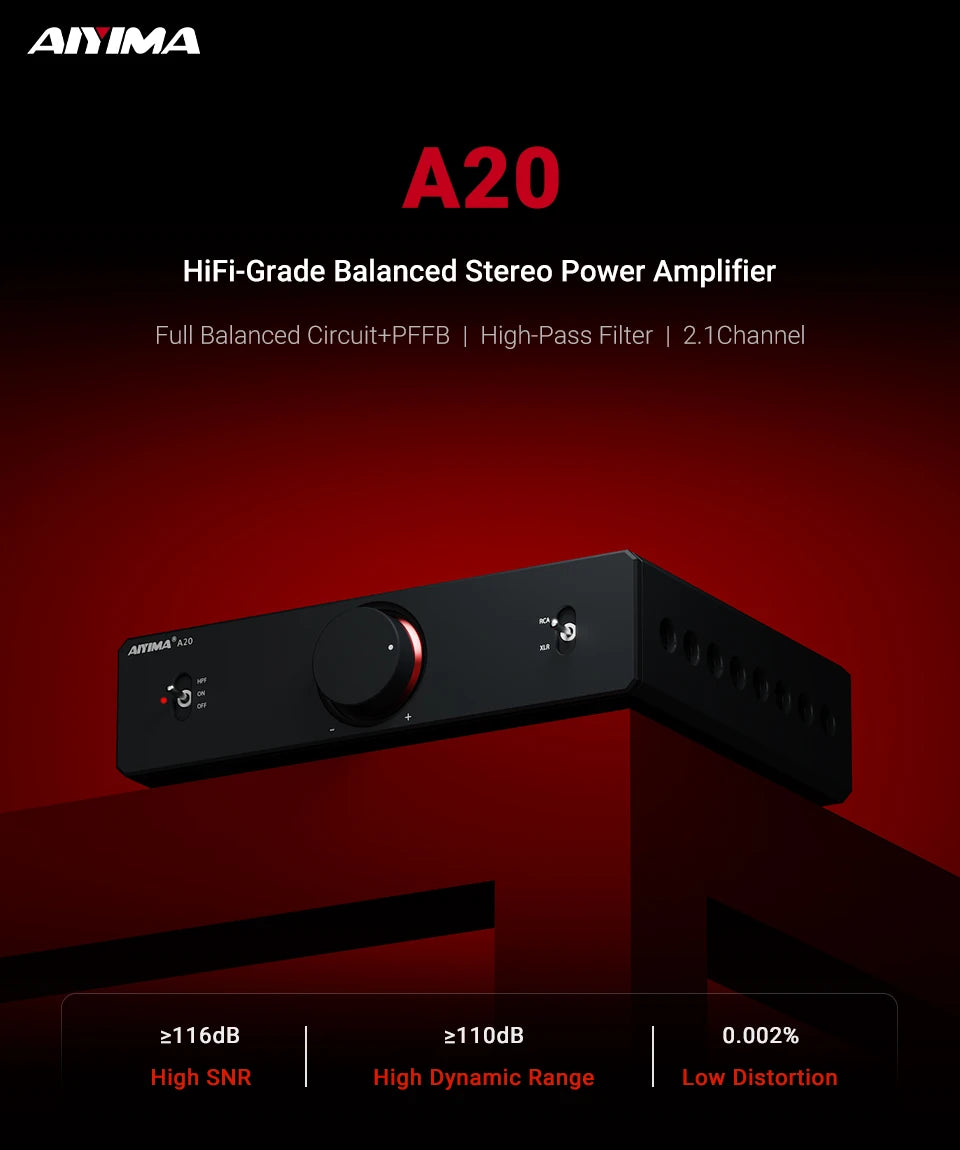 AIYIMA A20 PFFB Power Amplifier TPA3255 Hifi 300W X2 Stereo Power Amp With XLR/RCA Fully Balanced Input HPF High Pass Filter