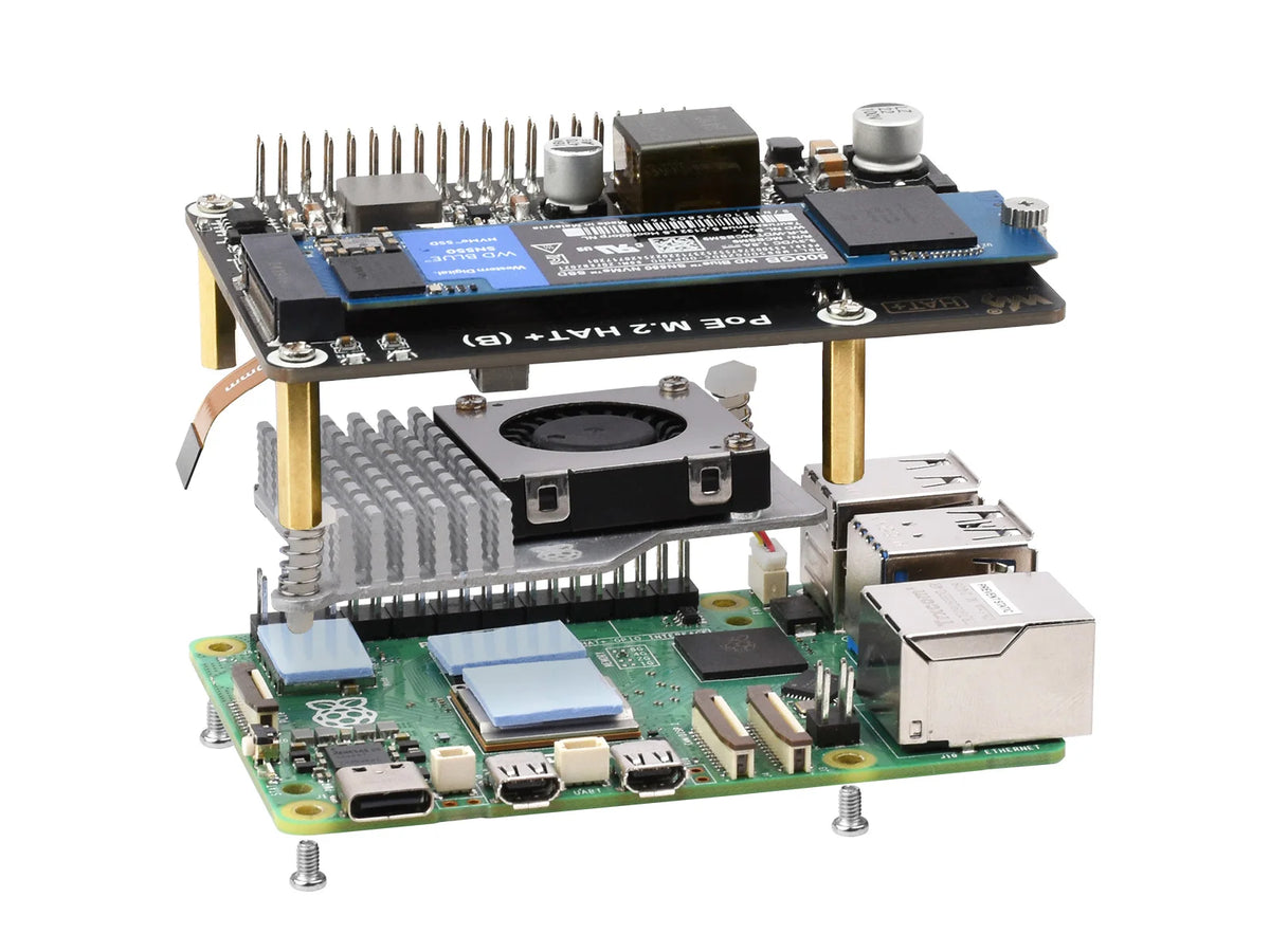 Waveshare PCIe To M.2 Adapter With PoE Function (B) For Raspberry Pi 5, Supports NVMe Protocol M.2 Solid State Drive High-speed