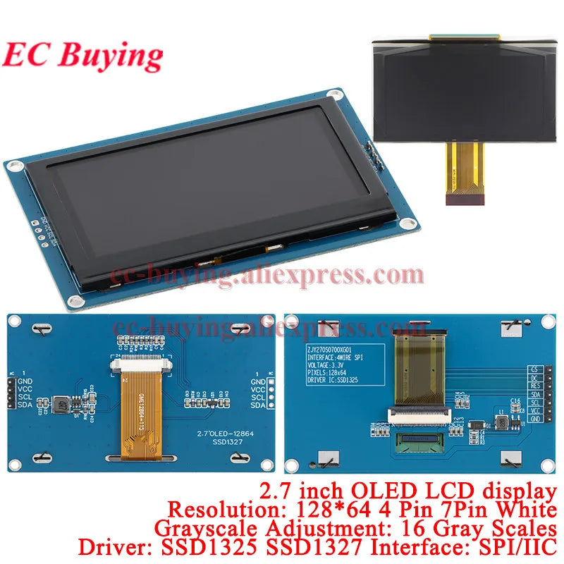2.7 Inch OLED LCD Display Module 128x64 Drive SSD1325 SSD1327 2.7'' Screen Board 4Pin 7Pin IIC I2C SPI 8-bit Parallel Port White