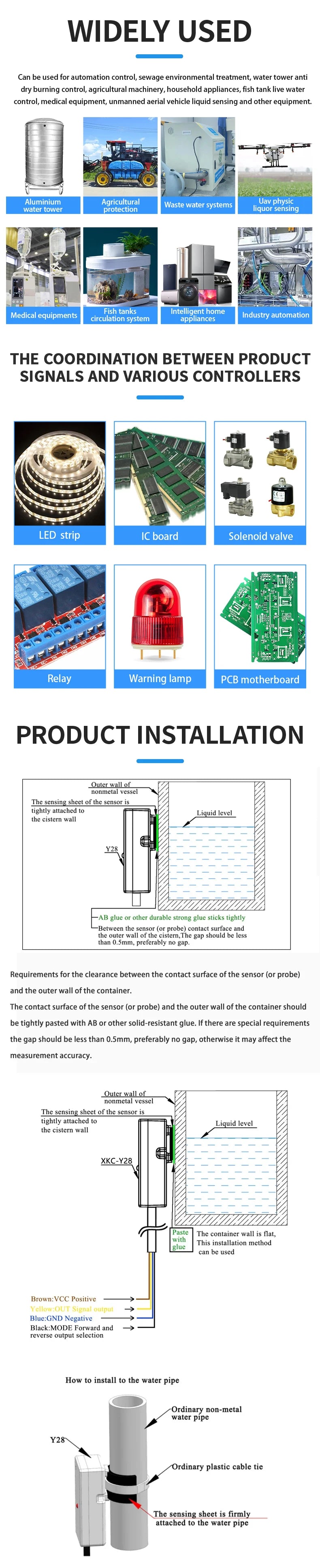 5/12/24V XKC-Y28 Capacitive Liquid&Water Level Sensor for 11mm+Diameter Tubes Pipelines & 0-20mm Thickness Flat Tanks Containers