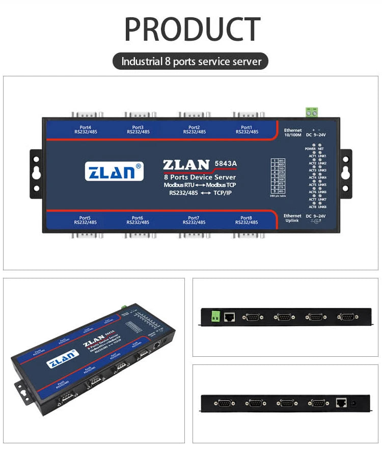 ZLAN5843A 8 port RS232 RS485 to Ethernet TCP/IP Modbus industrial multiple Ethernet serial server